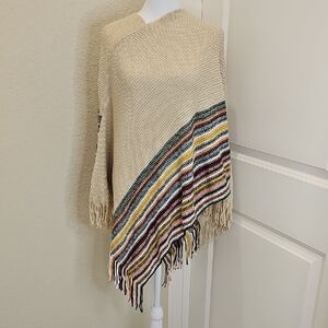 NWOT SherryDC Knit Striped Fringed Pullover Poncho Sweater Cape Shawl